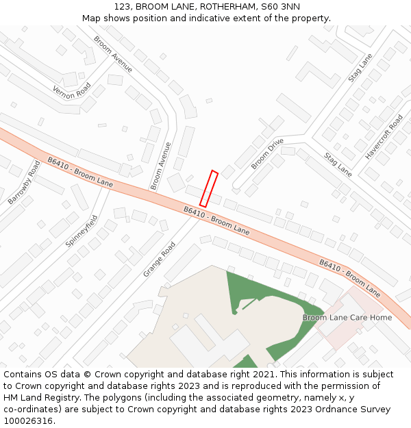 123, BROOM LANE, ROTHERHAM, S60 3NN: Location map and indicative extent of plot