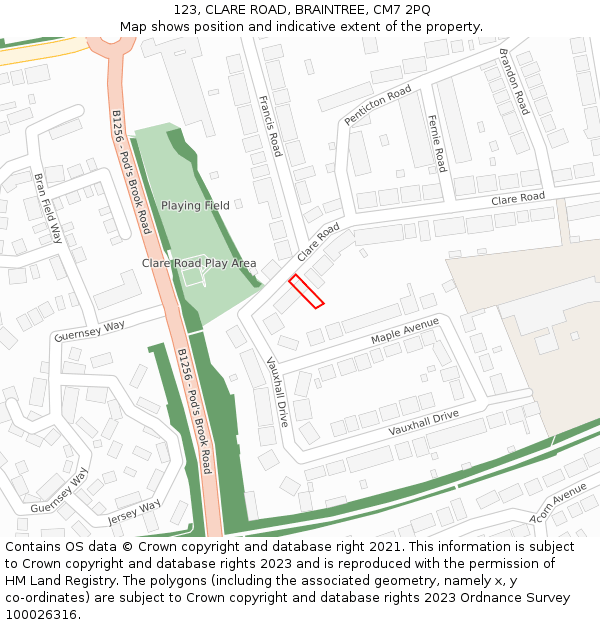 123, CLARE ROAD, BRAINTREE, CM7 2PQ: Location map and indicative extent of plot