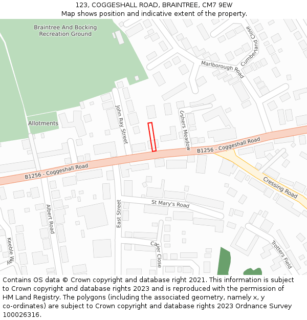 123, COGGESHALL ROAD, BRAINTREE, CM7 9EW: Location map and indicative extent of plot