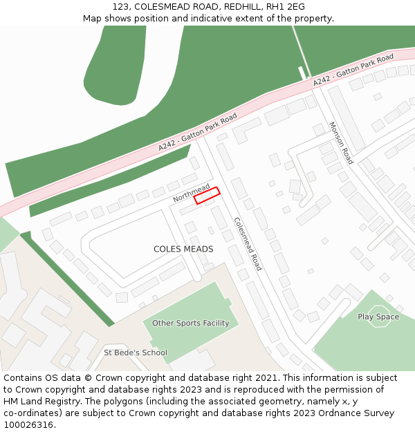123, COLESMEAD ROAD, REDHILL, RH1 2EG: Location map and indicative extent of plot