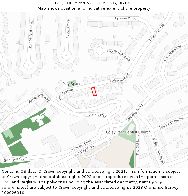 123, COLEY AVENUE, READING, RG1 6FL: Location map and indicative extent of plot