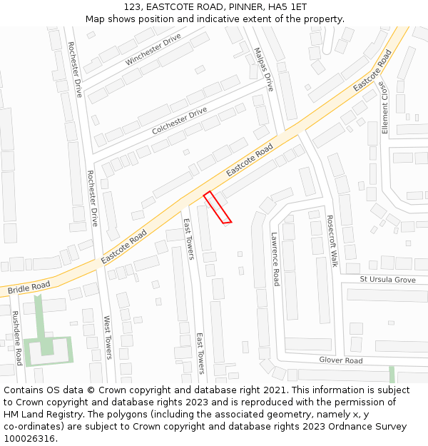 123, EASTCOTE ROAD, PINNER, HA5 1ET: Location map and indicative extent of plot