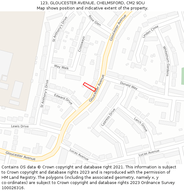 123, GLOUCESTER AVENUE, CHELMSFORD, CM2 9DU: Location map and indicative extent of plot