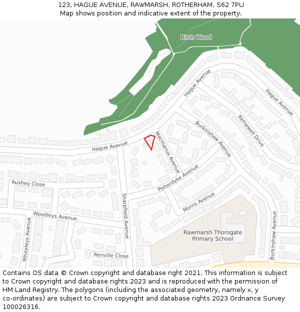 123, HAGUE AVENUE, RAWMARSH, ROTHERHAM, S62 7PU: Location map and indicative extent of plot