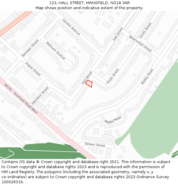 123, HALL STREET, MANSFIELD, NG18 3AR: Location map and indicative extent of plot