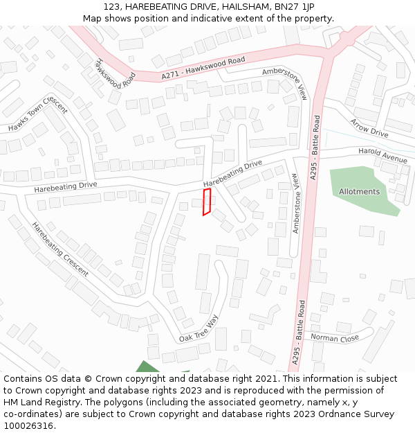 123, HAREBEATING DRIVE, HAILSHAM, BN27 1JP: Location map and indicative extent of plot