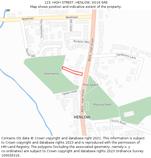 123, HIGH STREET, HENLOW, SG16 6AE: Location map and indicative extent of plot