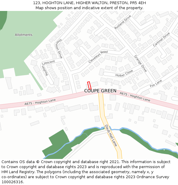 123, HOGHTON LANE, HIGHER WALTON, PRESTON, PR5 4EH: Location map and indicative extent of plot