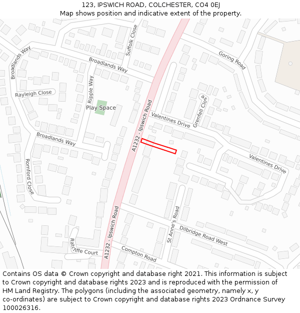 123, IPSWICH ROAD, COLCHESTER, CO4 0EJ: Location map and indicative extent of plot