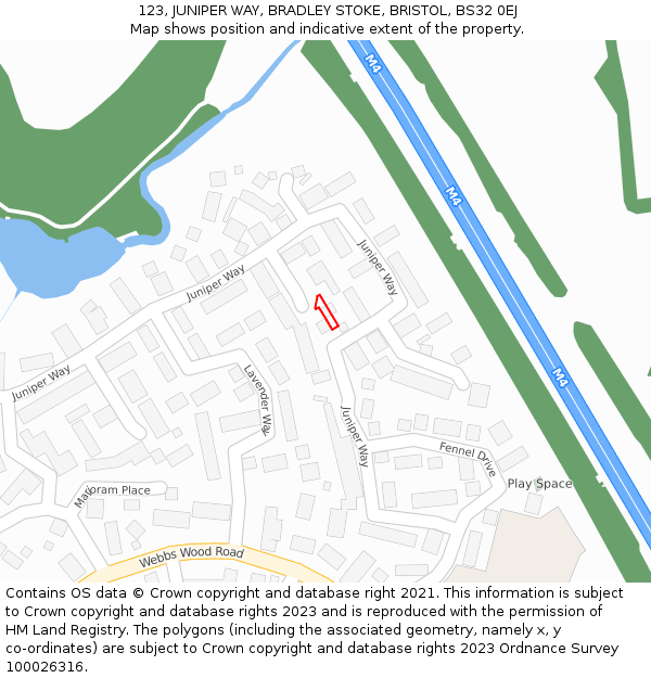 123, JUNIPER WAY, BRADLEY STOKE, BRISTOL, BS32 0EJ: Location map and indicative extent of plot