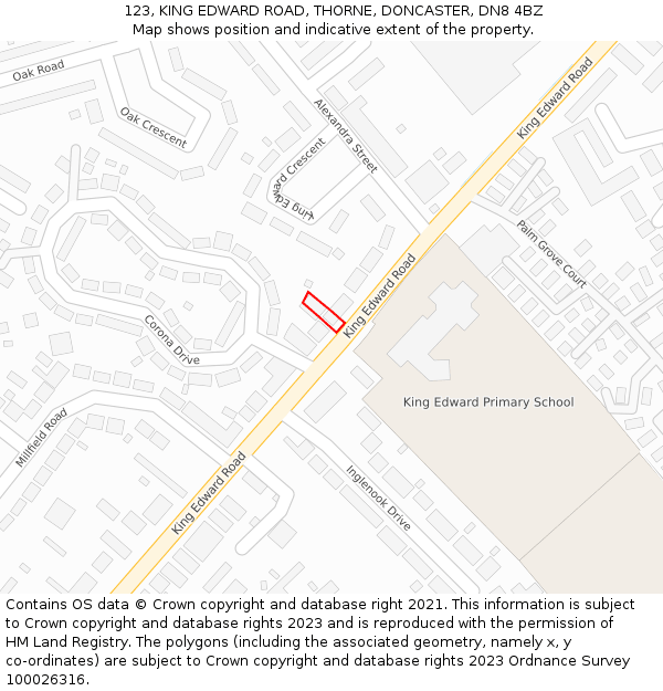 123, KING EDWARD ROAD, THORNE, DONCASTER, DN8 4BZ: Location map and indicative extent of plot