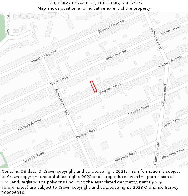 123, KINGSLEY AVENUE, KETTERING, NN16 9ES: Location map and indicative extent of plot