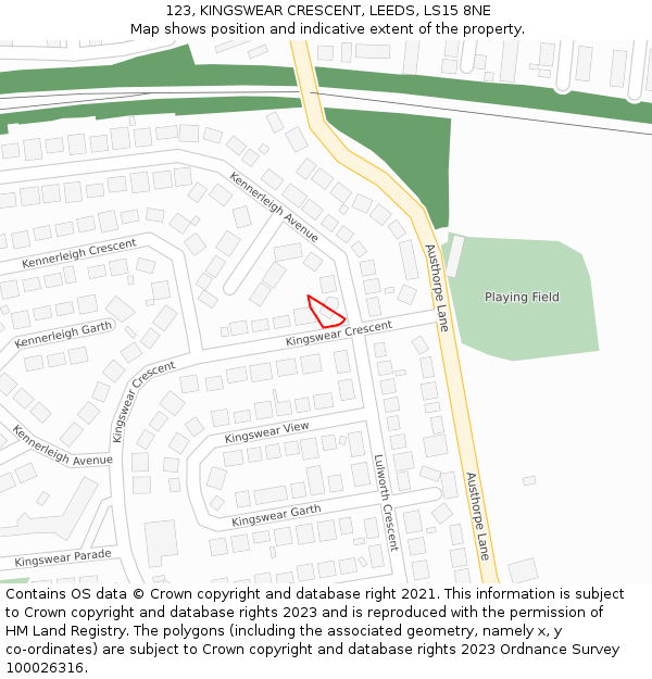 123, KINGSWEAR CRESCENT, LEEDS, LS15 8NE: Location map and indicative extent of plot