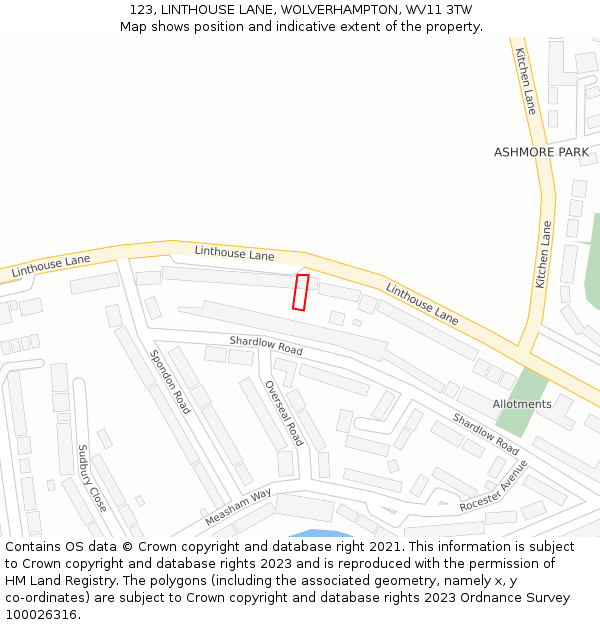 123, LINTHOUSE LANE, WOLVERHAMPTON, WV11 3TW: Location map and indicative extent of plot