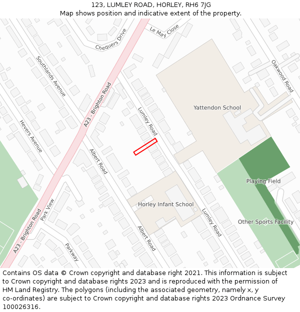 123, LUMLEY ROAD, HORLEY, RH6 7JG: Location map and indicative extent of plot