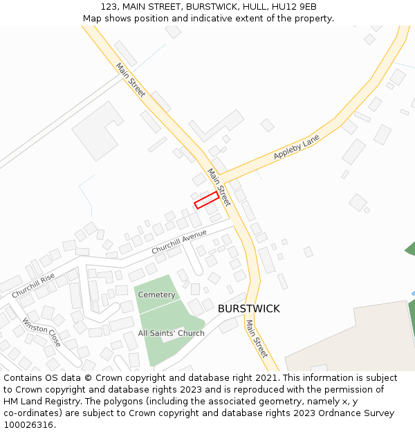 123, MAIN STREET, BURSTWICK, HULL, HU12 9EB: Location map and indicative extent of plot
