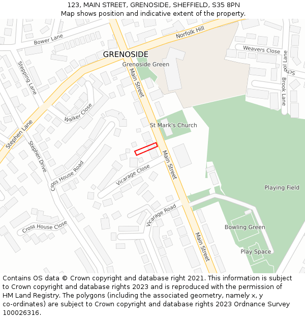 123, MAIN STREET, GRENOSIDE, SHEFFIELD, S35 8PN: Location map and indicative extent of plot