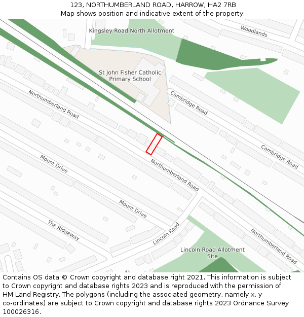 123, NORTHUMBERLAND ROAD, HARROW, HA2 7RB: Location map and indicative extent of plot