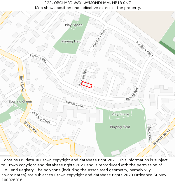 123, ORCHARD WAY, WYMONDHAM, NR18 0NZ: Location map and indicative extent of plot