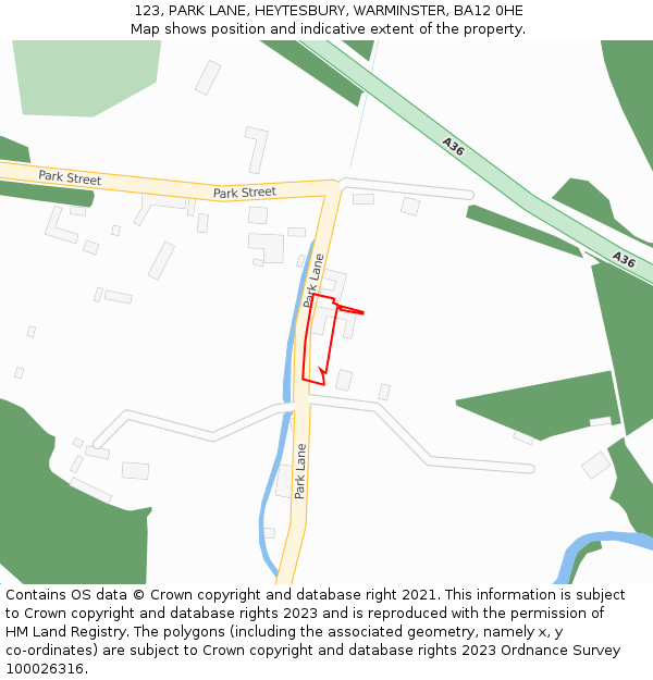 123, PARK LANE, HEYTESBURY, WARMINSTER, BA12 0HE: Location map and indicative extent of plot