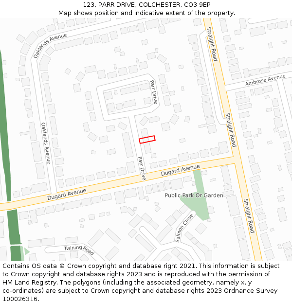 123, PARR DRIVE, COLCHESTER, CO3 9EP: Location map and indicative extent of plot