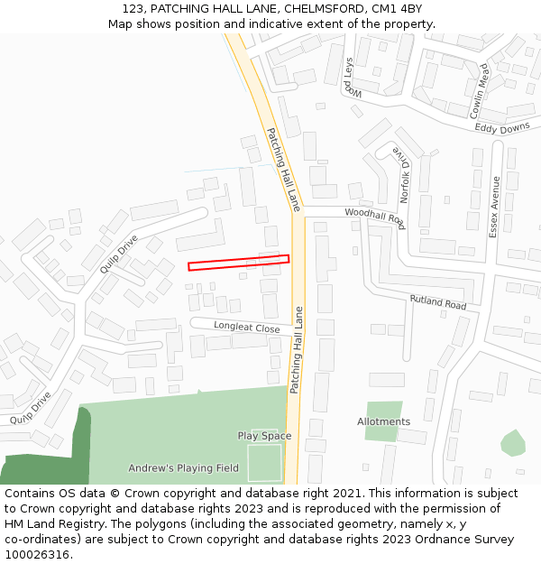 123, PATCHING HALL LANE, CHELMSFORD, CM1 4BY: Location map and indicative extent of plot