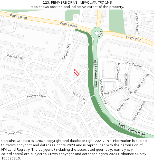 123, PENMERE DRIVE, NEWQUAY, TR7 1NS: Location map and indicative extent of plot