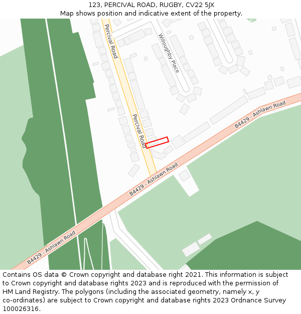 123, PERCIVAL ROAD, RUGBY, CV22 5JX: Location map and indicative extent of plot