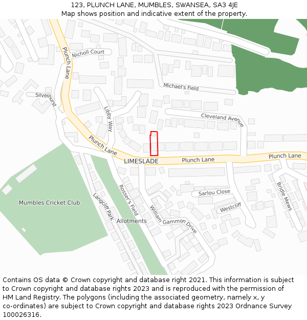 123, PLUNCH LANE, MUMBLES, SWANSEA, SA3 4JE: Location map and indicative extent of plot