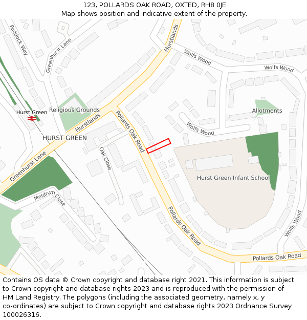123, POLLARDS OAK ROAD, OXTED, RH8 0JE: Location map and indicative extent of plot