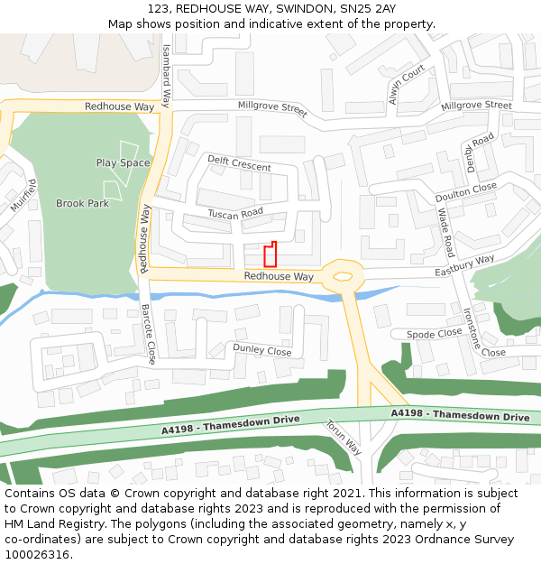123, REDHOUSE WAY, SWINDON, SN25 2AY: Location map and indicative extent of plot