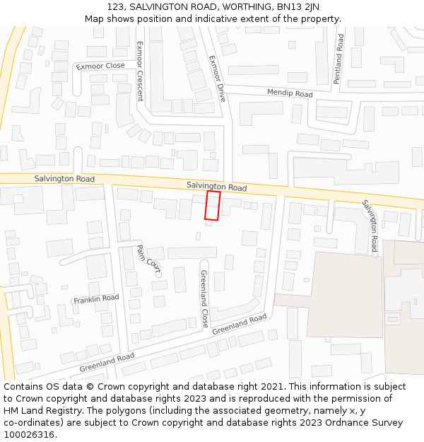 123, SALVINGTON ROAD, WORTHING, BN13 2JN: Location map and indicative extent of plot