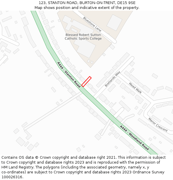 123, STANTON ROAD, BURTON-ON-TRENT, DE15 9SE: Location map and indicative extent of plot