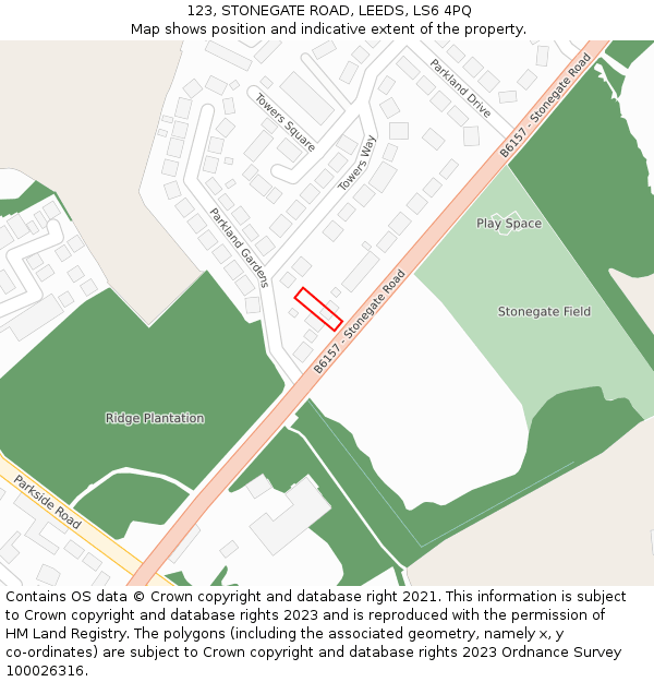 123, STONEGATE ROAD, LEEDS, LS6 4PQ: Location map and indicative extent of plot