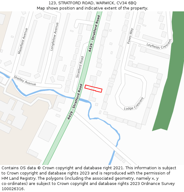 123, STRATFORD ROAD, WARWICK, CV34 6BQ: Location map and indicative extent of plot