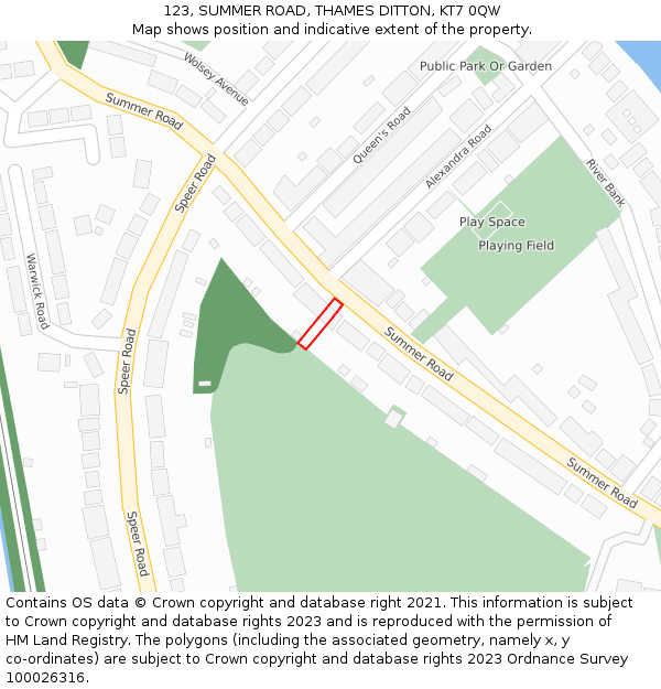 123, SUMMER ROAD, THAMES DITTON, KT7 0QW: Location map and indicative extent of plot