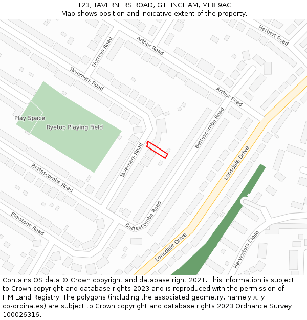 123, TAVERNERS ROAD, GILLINGHAM, ME8 9AG: Location map and indicative extent of plot