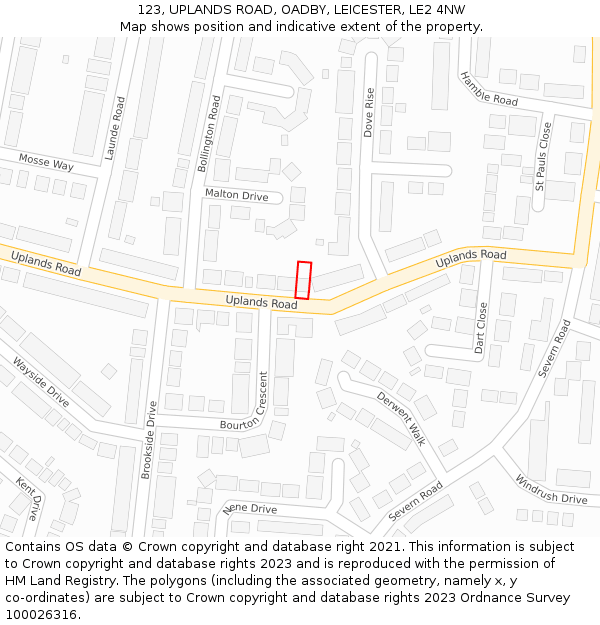 123, UPLANDS ROAD, OADBY, LEICESTER, LE2 4NW: Location map and indicative extent of plot