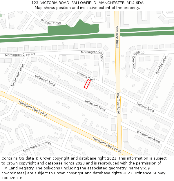 123, VICTORIA ROAD, FALLOWFIELD, MANCHESTER, M14 6DA: Location map and indicative extent of plot