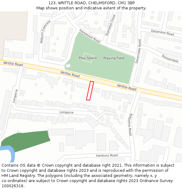 123, WRITTLE ROAD, CHELMSFORD, CM1 3BP: Location map and indicative extent of plot