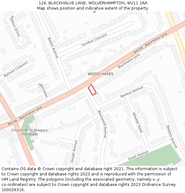 124, BLACKHALVE LANE, WOLVERHAMPTON, WV11 1AA: Location map and indicative extent of plot