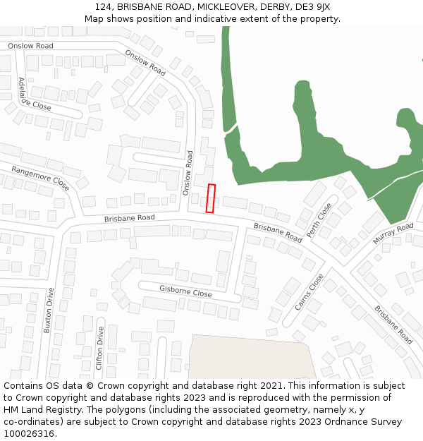 124, BRISBANE ROAD, MICKLEOVER, DERBY, DE3 9JX: Location map and indicative extent of plot