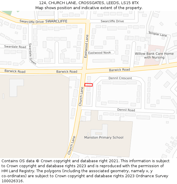 124, CHURCH LANE, CROSSGATES, LEEDS, LS15 8TX: Location map and indicative extent of plot