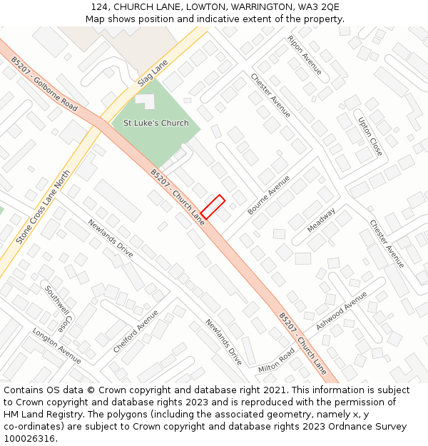 124, CHURCH LANE, LOWTON, WARRINGTON, WA3 2QE: Location map and indicative extent of plot