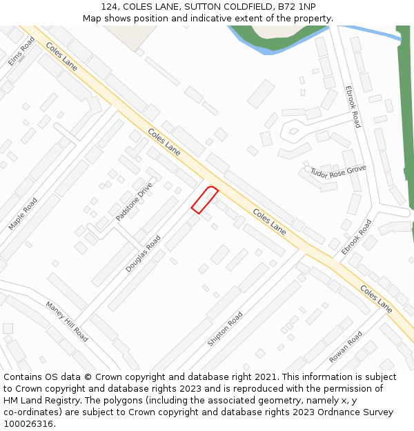 124, COLES LANE, SUTTON COLDFIELD, B72 1NP: Location map and indicative extent of plot