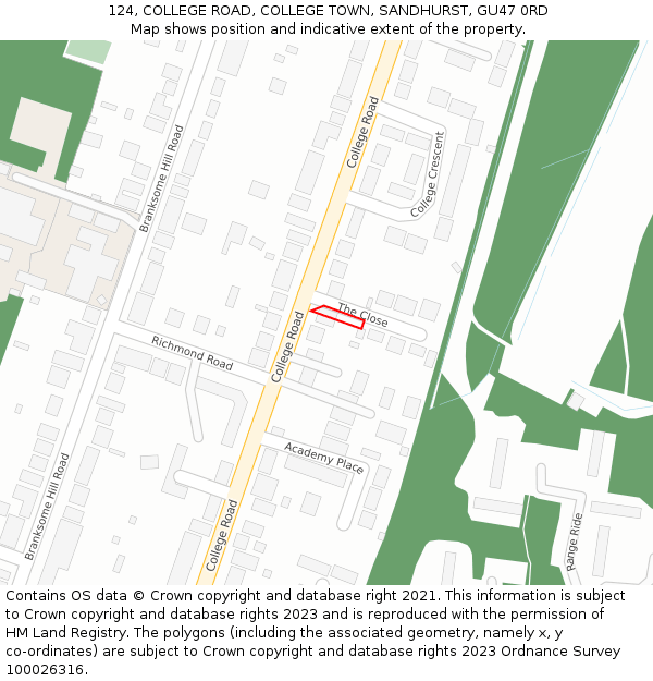 124, COLLEGE ROAD, COLLEGE TOWN, SANDHURST, GU47 0RD: Location map and indicative extent of plot