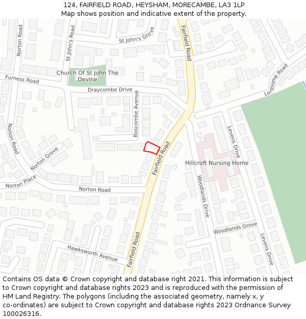 124, FAIRFIELD ROAD, HEYSHAM, MORECAMBE, LA3 1LP: Location map and indicative extent of plot