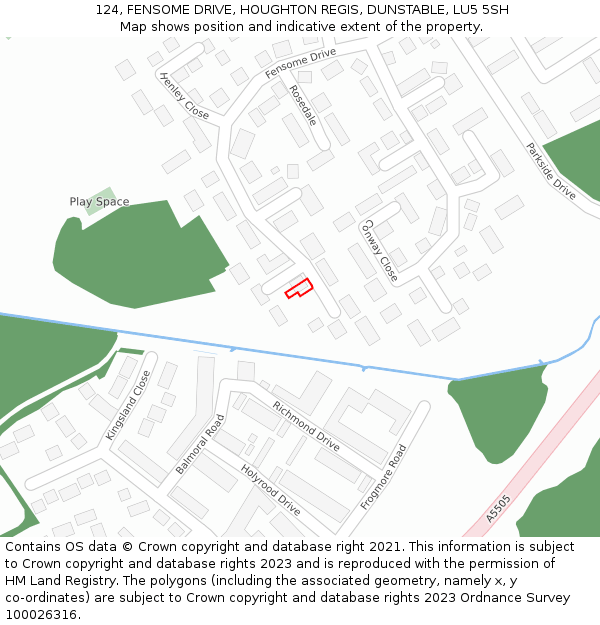 124, FENSOME DRIVE, HOUGHTON REGIS, DUNSTABLE, LU5 5SH: Location map and indicative extent of plot