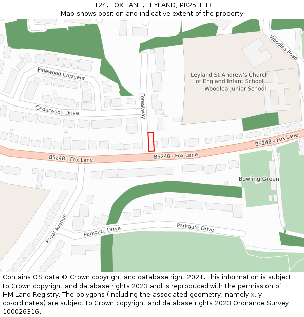 124, FOX LANE, LEYLAND, PR25 1HB: Location map and indicative extent of plot