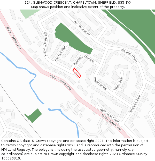 124, GLENWOOD CRESCENT, CHAPELTOWN, SHEFFIELD, S35 1YX: Location map and indicative extent of plot